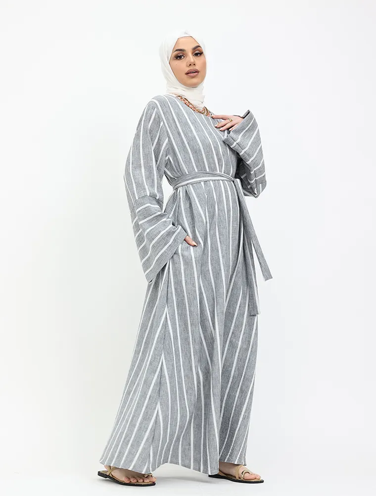 Grey Linen Feel Striped Belted Abaya